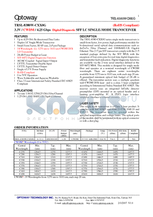 TRSL-8380W-CXX0G datasheet - 3.3V / CWDM / 4.25 Gbps Digital Diagnostic SFF LC SINGLE-MODE TRANSCEIVER