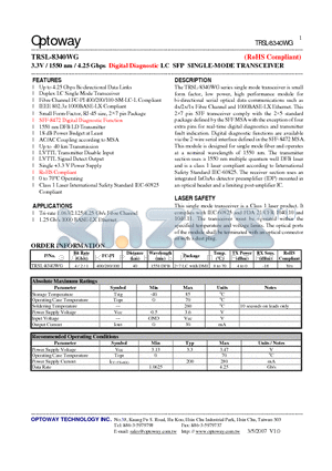 TRSL-8340WG datasheet - 3.3V / 1550 nm / 4.25 Gbps Digital Diagnostic LC SFP SINGLE-MODE TRANSCEIVER