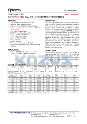 TRSL-8380-CXX0G datasheet - 3.3V / CWDM / 4.25 Gbps SFF LC SINGLE-MODE TRANSCEIVER