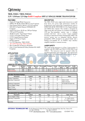 TRSL-9102AG datasheet - 3.3V / 1310 nm / 2.5 Gbps RoHS Compliant SFF LC SINGLE-MODE TRANSCEIVER