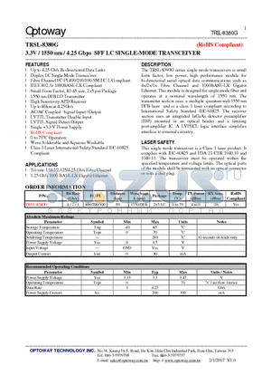 TRSL-8380G datasheet - 3.3V / 1550 nm / 4.25 Gbps SFF LC SINGLE-MODE TRANSCEIVER