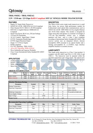 TRSL-9102G datasheet - 3.3V / 1310 nm / 2.5 Gbps RoHS Compliant SFF LC SINGLE-MODE TRANSCEIVER