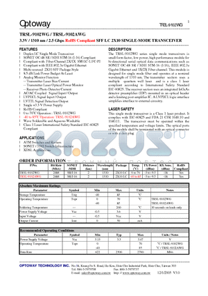 TRSL-9102AWG datasheet - 3.3V / 1310 nm / 2.5 Gbps RoHS Compliant SFF LC 2X10 SINGLE-MODE TRANSCEIVER