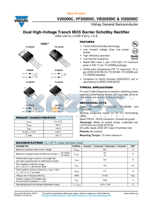 V20200C-E3-4W datasheet - Dual High-Voltage Trench MOS Barrier Schottky Rectifier