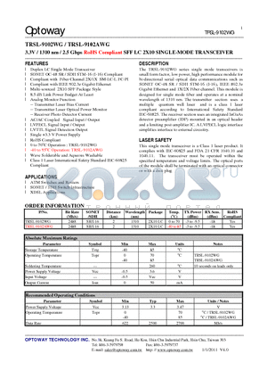 TRSL-9102AWG datasheet - 3.3V / 1310 nm / 2.5 Gbps RoHS Compliant SFF LC 2X10 SINGLE-MODE TRANSCEIVER