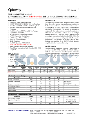 TRSL-9102G datasheet - 3.3V / 1310 nm / 2.5 Gbps RoHS Compliant SFF LC SINGLE-MODE TRANSCEIVER