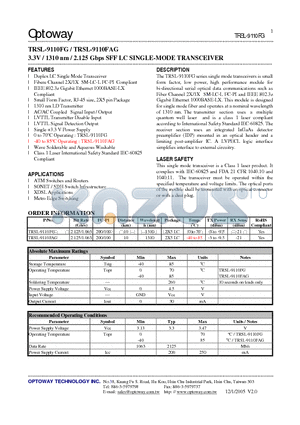 TRSL-9110FG datasheet - 3.3V / 1310 nm / 2.125 Gbps SFF LC SINGLE-MODE TRANSCEIVER