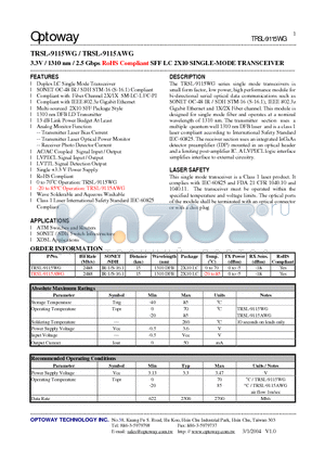 TRSL-9115AWG datasheet - 3.3V / 1310 nm / 2.5 Gbps RoHS Compliant SFF LC 2X10 SINGLE-MODE TRANSCEIVER