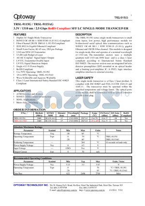 TRSL-9115G datasheet - 3.3V / 1310 nm / 2.5 Gbps RoHS Compliant SFF LC SINGLE-MODE TRANSCEIVER