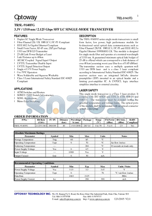TRSL-9140FG datasheet - 3.3V / 1310 nm / 2.125 Gbps SFF LC SINGLE-MODE TRANSCEIVER