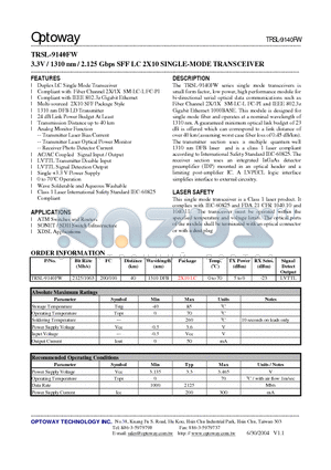 TRSL-9140FW datasheet - 3.3V / 1310 nm / 2.125 Gbps SFF LC 2X10 SINGLE-MODE TRANSCEIVER