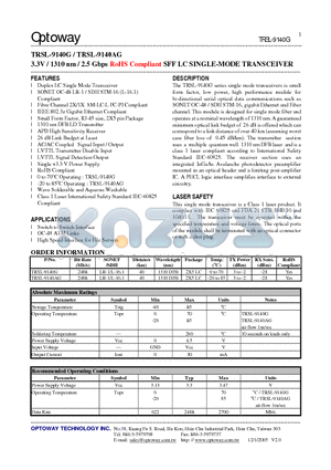 TRSL-9140G datasheet - 3.3V / 1310 nm / 2.5 Gbps RoHS Compliant SFF LC SINGLE-MODE TRANSCEIVER