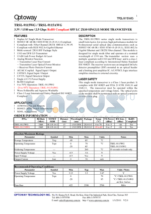 TRSL-9115WG_11 datasheet - 3.3V / 1310 nm / 2.5 Gbps RoHS Compliant SFF LC 2X10 SINGLE-MODE TRANSCEIVER