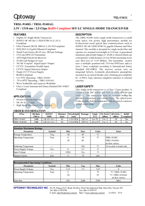 TRSL-9140G_11 datasheet - 3.3V / 1310 nm / 2.5 Gbps RoHS Compliant SFF LC SINGLE-MODE TRANSCEIVER