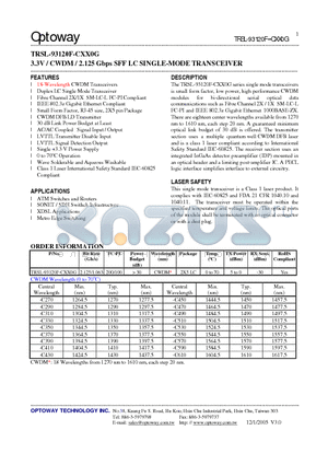 TRSL-93120F-CXX0G datasheet - 3.3V / CWDM / 2.125 Gbps SFF LC SINGLE-MODE TRANSCEIVER