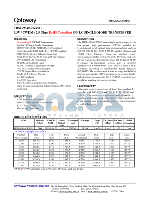 TRSL-9340-CXX0G datasheet - 3.3V / CWDM / 2.5 Gbps RoHS Compliant SFF LC SINGLE-MODE TRANSCEIVER