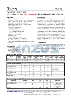 TRSL-9340AG datasheet - 3.3V / 1550 nm / 2.5 Gbps RoHS Compliant SFF LC SINGLE-MODE TRANSCEIVER