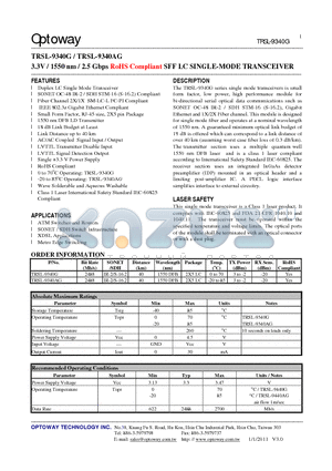 TRSL-9340G datasheet - 3.3V / 1550 nm / 2.5 Gbps RoHS Compliant SFF LC SINGLE-MODE TRANSCEIVER