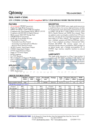 TRSL-9340W-CXX0G datasheet - 3.3V / CWDM / 2.5 Gbps RoHS Compliant SFF LC 2X10 SINGLE-MODE TRANSCEIVER