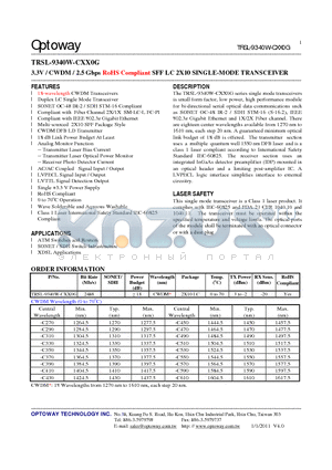 TRSL-9340W-CXX0G datasheet - 3.3V / CWDM / 2.5 Gbps RoHS Compliant SFF LC 2X10 SINGLE-MODE TRANSCEIVER