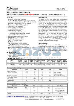 TRSL-9340WG datasheet - 3.3V / 1550 nm / 2.5 Gbps RoHS Compliant SFF LC 2X10 SINGLE-MODE TRANSCEIVER