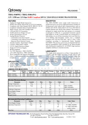 TRSL-9340WG datasheet - 3.3V / 1550 nm / 2.5 Gbps RoHS Compliant SFF LC 2X10 SINGLE-MODE TRANSCEIVER