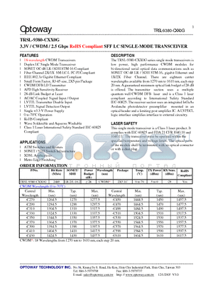 TRSL-9380-CXX0G datasheet - 3.3V / CWDM / 2.5 Gbps RoHS Compliant SFF LC SINGLE-MODE TRANSCEIVER