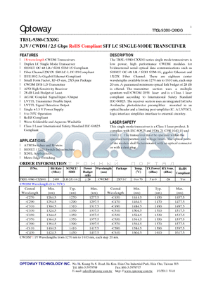 TRSL-9380-CXX0G datasheet - 3.3V / CWDM / 2.5 Gbps RoHS Compliant SFF LC SINGLE-MODE TRANSCEIVER