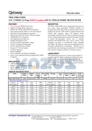 TRSL-9380-CXX0G_11 datasheet - 3.3V / CWDM / 2.5 Gbps RoHS Compliant SFF LC SINGLE-MODE TRANSCEIVER