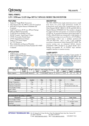 TRSL-9380FG datasheet - 3.3V / 1550 nm / 2.125 Gbps SFF LC SINGLE-MODE TRANSCEIVER