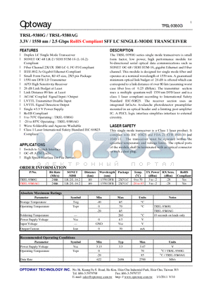 TRSL-9380AG datasheet - 3.3V / 1550 nm / 2.5 Gbps RoHS Compliant SFF LC SINGLE-MODE TRANSCEIVER