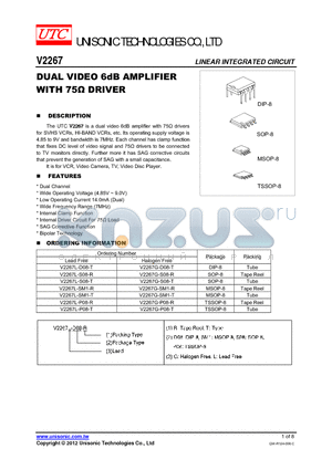 V2267G-S08-R datasheet - DUAL VIDEO 6dB AMPLIFIER WITH 75Y DRIVER