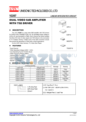 V2267G-SM1-T datasheet - DUAL VIDEO 6dB AMPLIFIER WITH 75Y DRIVER