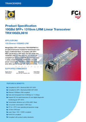 TRX10GDL0610 datasheet - 10GBd SFP 1310nm LRM Linear Transceiver
