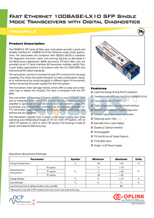 TRXAFELXAESS datasheet - Fast Ethernet 100BASE-LX10 SFP Single Mode Transceivers with Digital Diagnostics