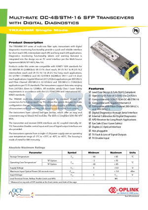 TRXA48M datasheet - Multi-rate OC-48/STM-16 SFP Transceivers with Digital Diagnostics