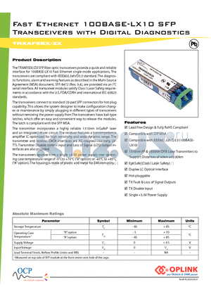 TRXAFEEX datasheet - Fast Ethernet 100BASE-LX10 SFP Transceivers with Digital Diagnostics