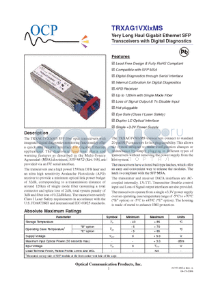 TRXAG1VXIBMS datasheet - Very Long Haul Gigabit Ethernet SFP Transceivers with Digital Diagnostics