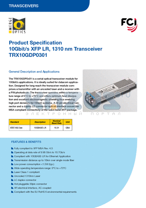 TRX10GDP0301 datasheet - 10Gbit/s XFP LR, 1310 nm Transceiver