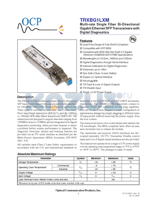 TRXBG1LXDBYM5 datasheet - Multi-rate Single Fiber Bi-Directional Gigabit Ethernet SFP Transceivers with Digital Diagnostics