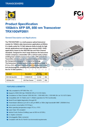 TRX10GVP2001 datasheet - 10Gbit/s XFP SR, 850 nm Transceiver
