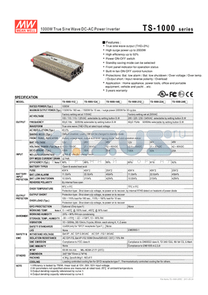 TS-1000 datasheet - 1000W True Sine Wave DC-AC Power Inverter