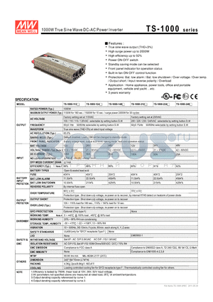 TS-1000-224 datasheet - 1000W True Sine Wave DC-AC Power Inverter