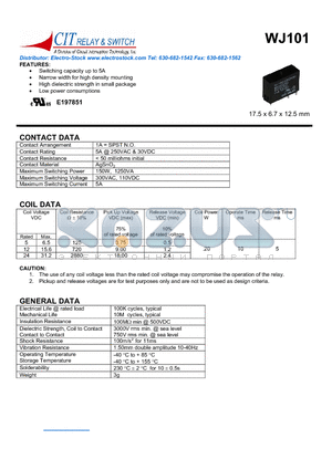 WJ1011AS12VDC datasheet - Switching capacity up to 5A