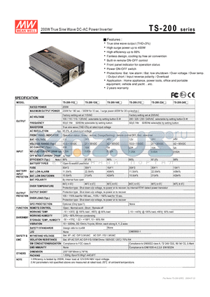 TS-200-212 datasheet - 200W True Sine Wave DC-AC Power Inverter