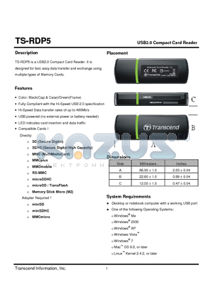 TS-RDP5 datasheet - USB2.0 Compact Card Reader