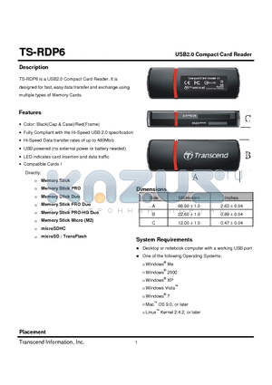 TS-RDP6 datasheet - USB2.0 Compact Card Reader