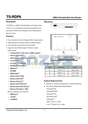TS-RDP8 datasheet - USB2.0 Portable Multi-Card Reader