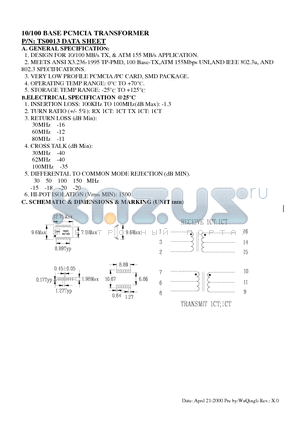 TS0013 datasheet - 10/100 BASE PCMCIA TRANSFORMER