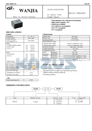 WJ107 datasheet - ULTRA-MINIATURE PC BOARD TYPE POWER RELAY